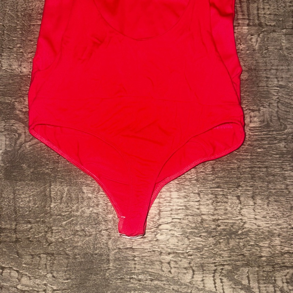 Fashion Nova Bodysuit Coral Red Low Back Deep Side High Leg Y2K Baddie Medium - Picture 5 of 7